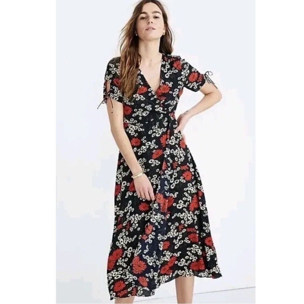 Women’s Black Floral Wrap Midi Dress with Red Accents